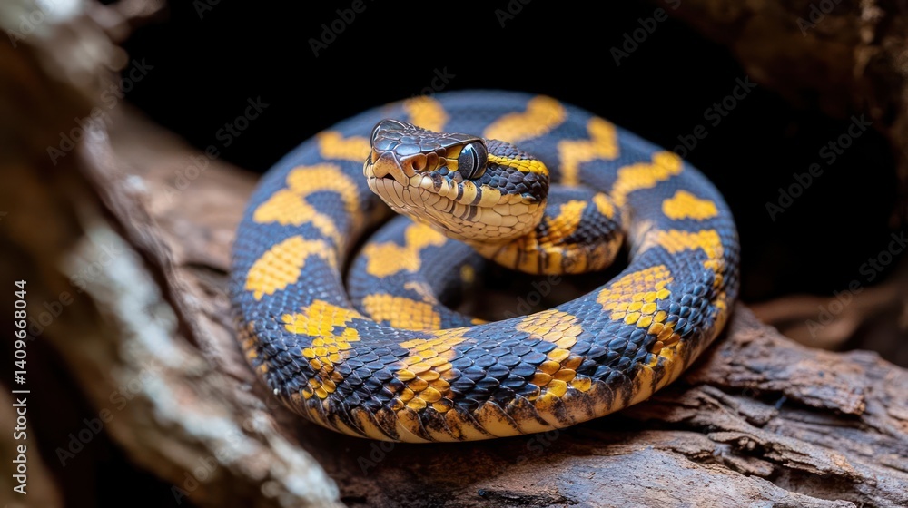 Poster A curled up orange and black viper snake rests on a tree branch, creating a captivating contrast against a dark background. Scales, pattern, and the snake's form are clear and focused