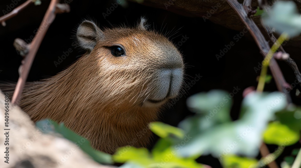 Poster a close-up shot of a capybara with brown fur, peering out from a dark hole, surrounded by green leav
