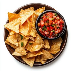 Isolated white background featuring a mini nacho tray with cheese and salsa.