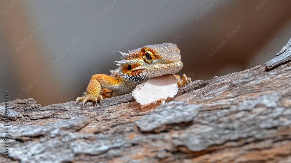 Poster a closeup shot captures a spiny lizard perched on a textured branch. the reptile's scales exhibit a 