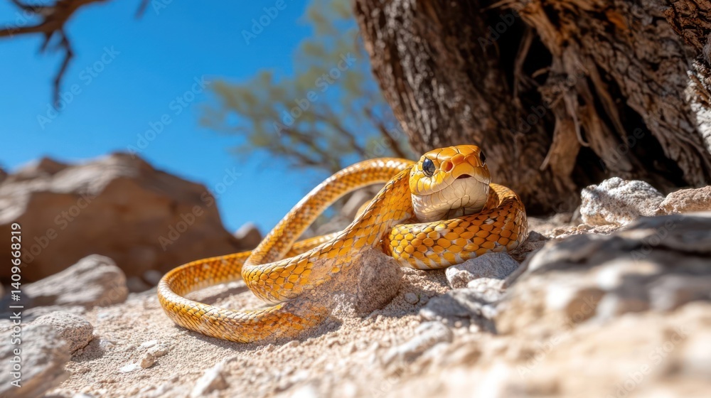 Poster close-up shot of a golden snake coiled on light gravel, set against a backdrop of a rugged tree base