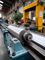 Motion blur of sheet metal rolling through press in factory setting, showcasing industrial machinery and production
