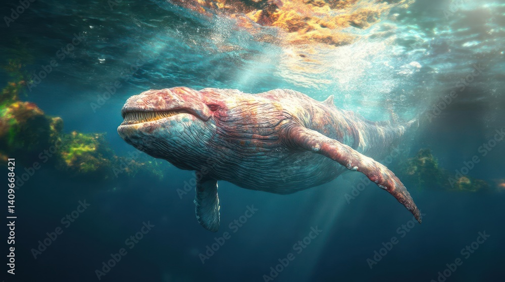 Poster An abstract pixelated humpback whale swims through clear ocean water. Light rays penetrate the surface, highlighting the texture of the whale's skin and creating a serene underwater scene with