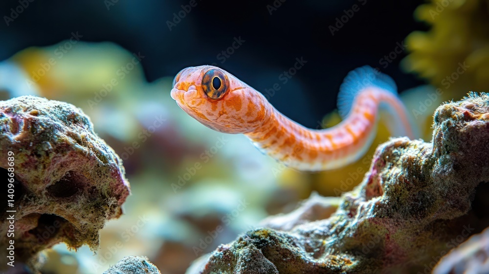 Poster Macro shot of an orange snake with brown stripes slithering between rocks in an aquarium. The depth of field is shallow, focusing on the snake's head and eye with a blurry background