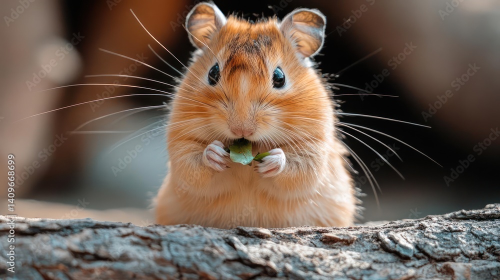 Poster a golden brown mouse rests on a weathered branch, its eyes wide with curiosity as it nibbles on a gr