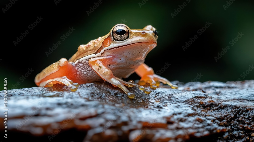 Poster close-up of a small, light brown tree frog with orange highlights, perched on a textured, dark brown