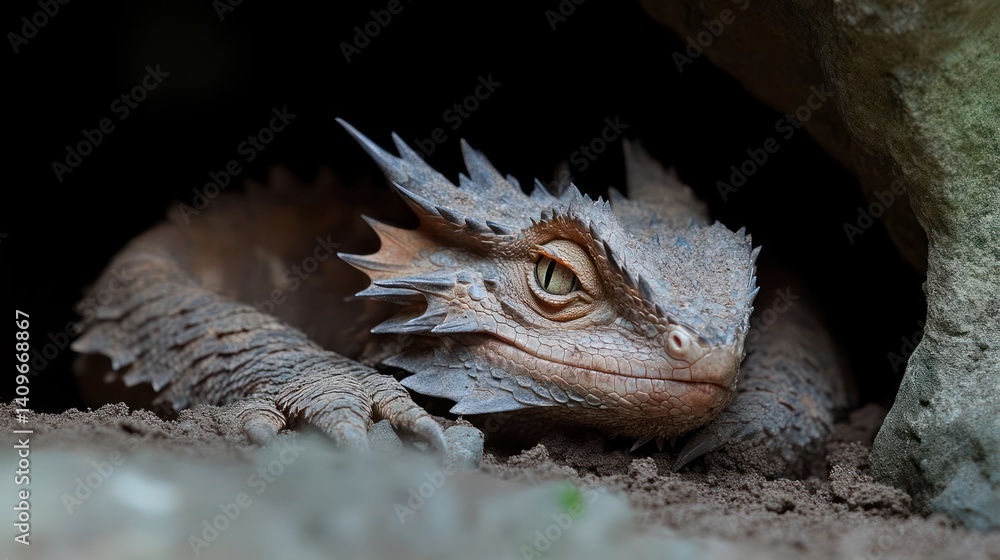 Poster close-up shot of a thorny devil lizard with its spiky scales resting near a rock opening in a dark b