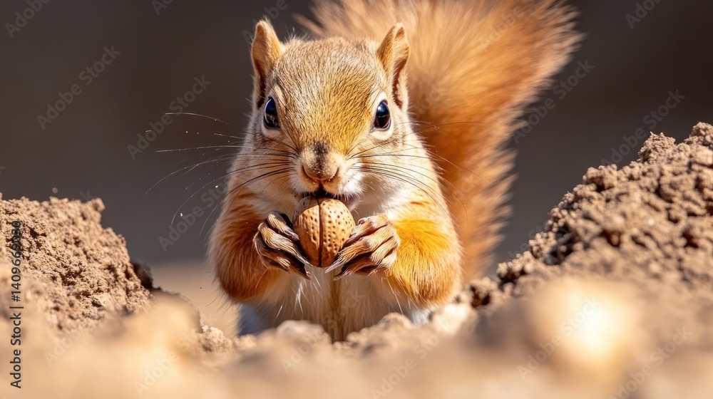 Poster close-up shot of a red squirrel eating a nut, captured at ground level with a blurred background. th