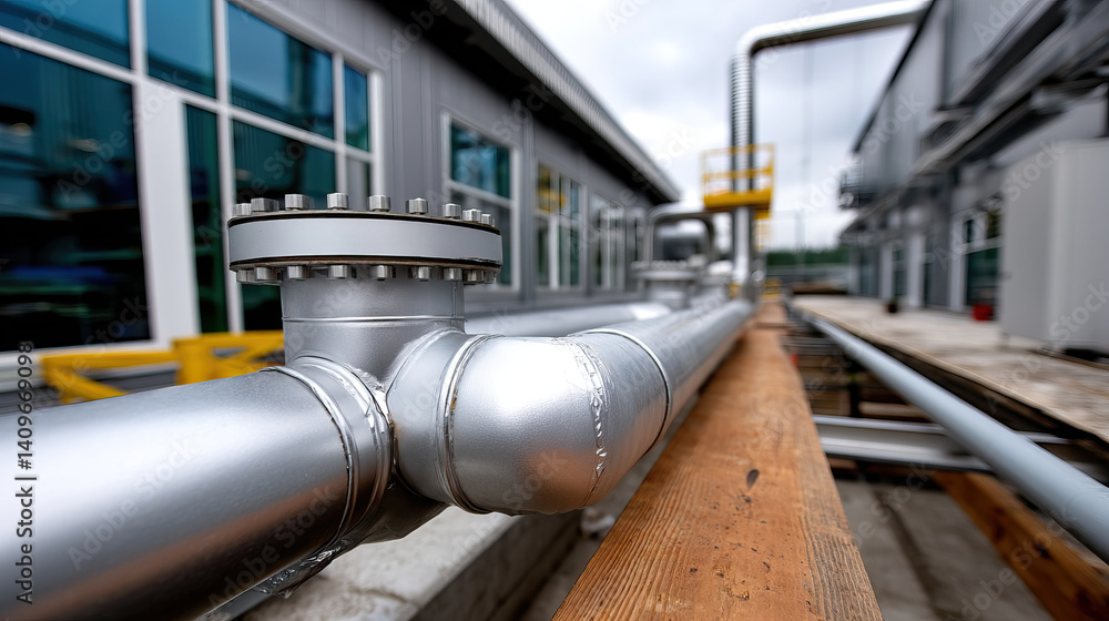 Poster close up view of metallic pipe fitting industrial setting, showcasing intricate details of structure
