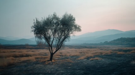 Obraz premium A lone tree stands resilient in an arid landscape, surrounded by mountains under a pale sky, symbolizing solitude and strength.