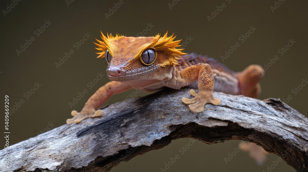 Poster close-up shot of a crested gecko perched on a rough branch. the gecko features a textured orange-bro