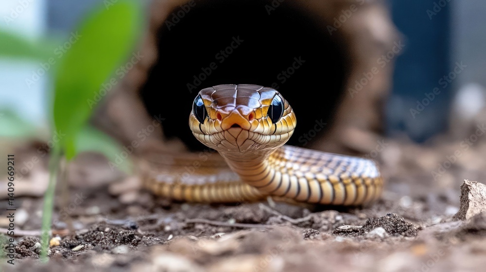 Poster detailed close-up showcases a brown snake poised on soil, its scales patterned in yellow and brown, 