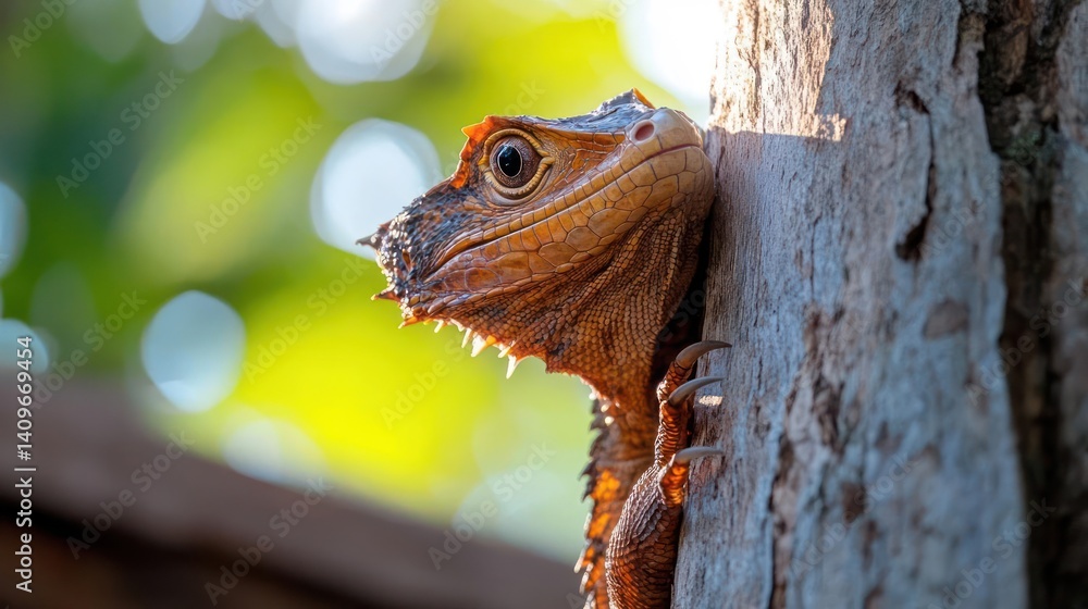 Poster a close-up shot captures a brown boyd's forest dragon clinging to a tree trunk, bathed in warm light