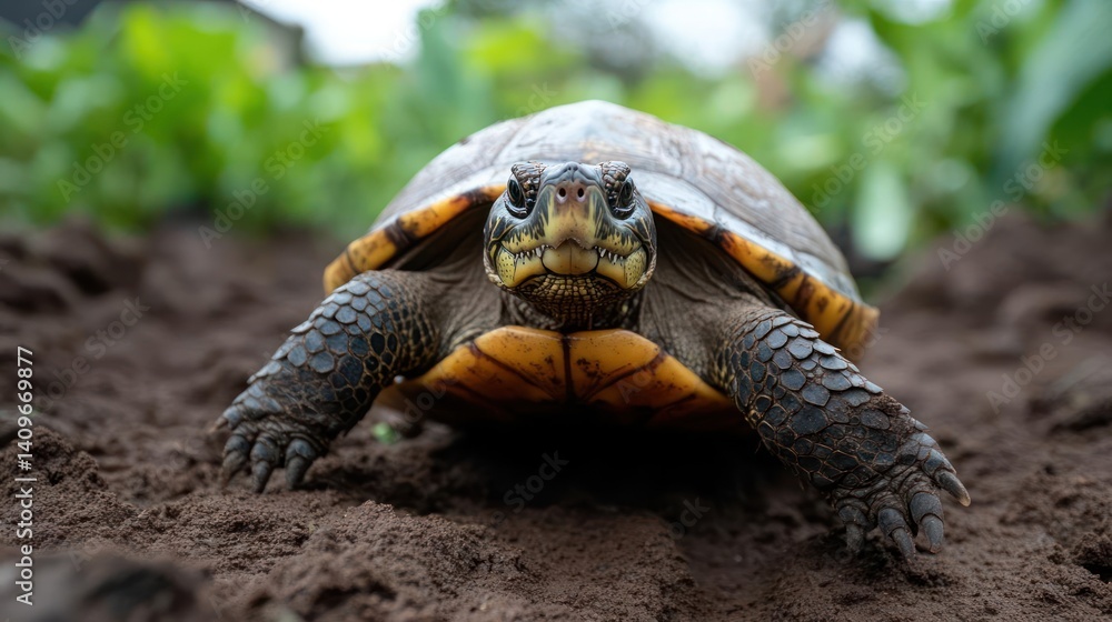 Aufkleber a close-up shot captures a turtle resting on fertile brown soil, set against a background of lush gr