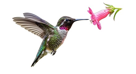 Fototapeta premium A vivid hummingbird is captured mid-flight, its wings outstretched as it approaches a pink flower, set against a stark white backdrop.