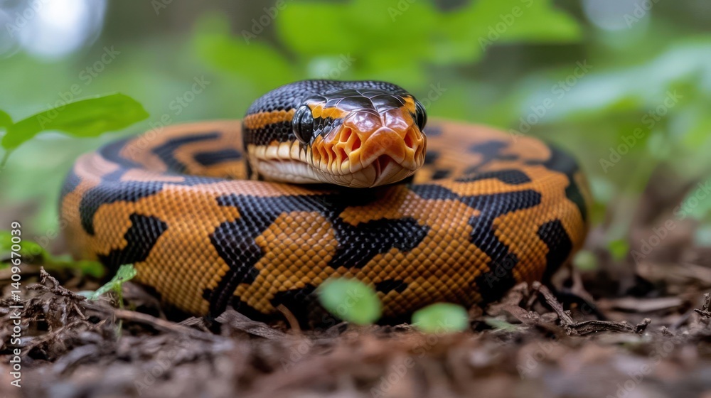 Poster A coiled ball python with brown and black scales is centered on a forest floor with small green plants. The snake's head is raised, with orange markings around its snout and dark eyes