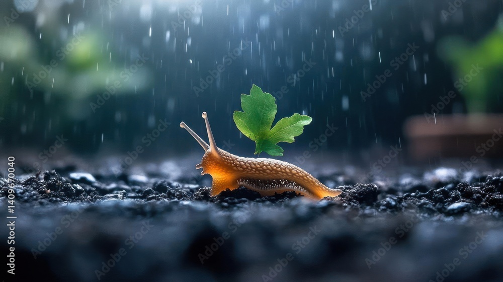 Aufkleber Close-up of a snail crawling on dark soil under heavy rain, carrying a green leaf on its back. The scene is illuminated with diffused light, creating a dreamy and focused mood