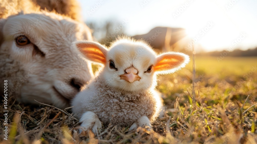 Poster a close-up captures a fluffy white lamb sitting in sunlit grass, with its mother's face partially vi