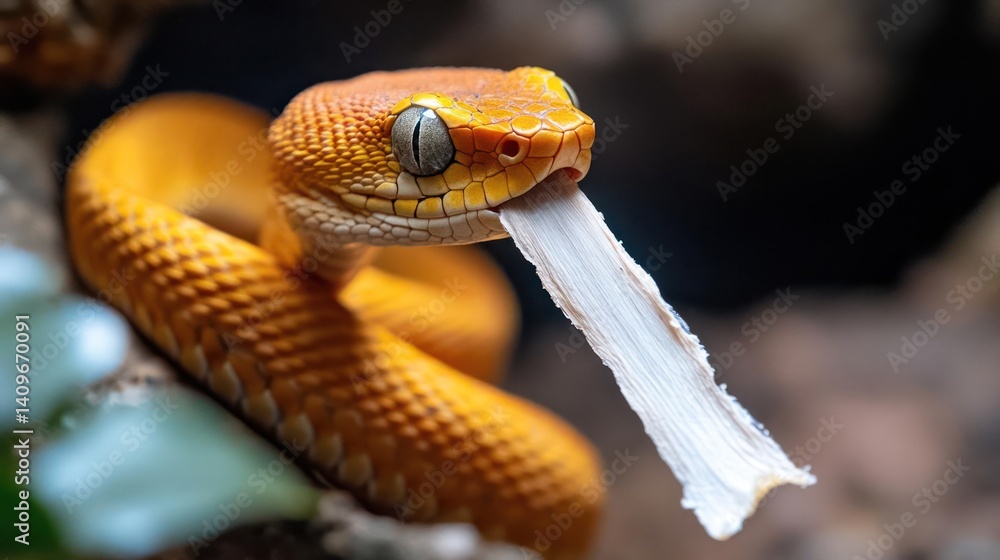 Poster a close-up shot of an orange viper snake consuming prey. the snake's head is prominent, showcasing i