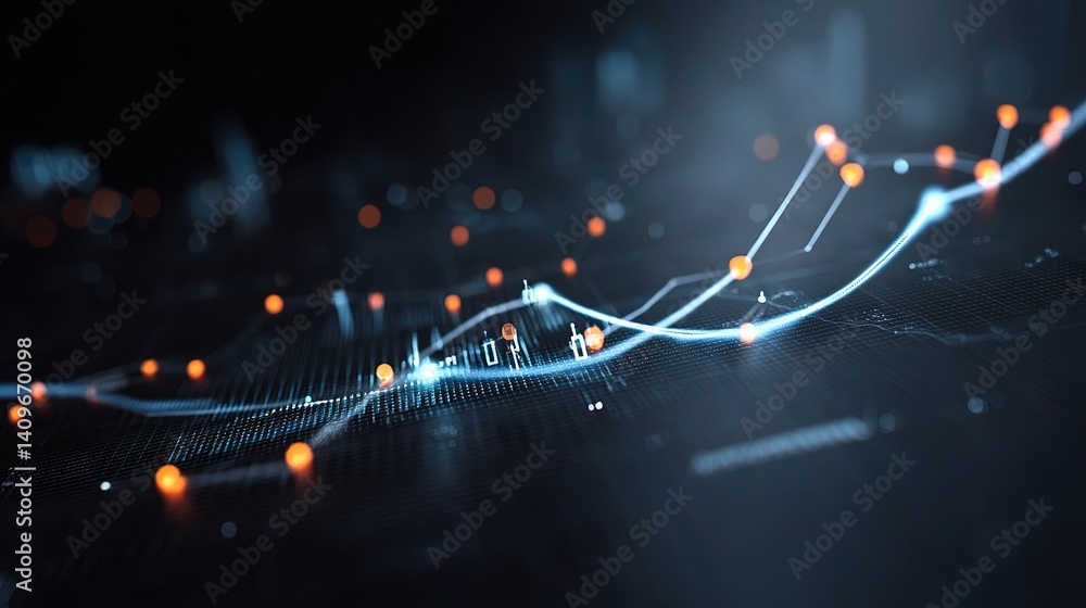 Poster financial data visualization with glowing graph and technical elements