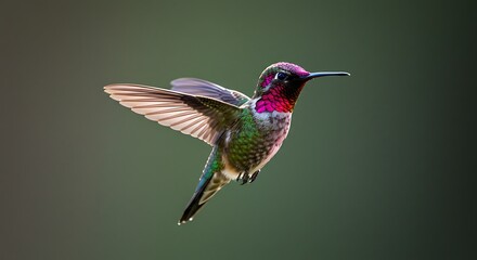 Fototapeta premium Hummingbird in Flight: A vivid hummingbird hovers mid-air, its wings creating a blur of motion against a soft, blurred backdrop.