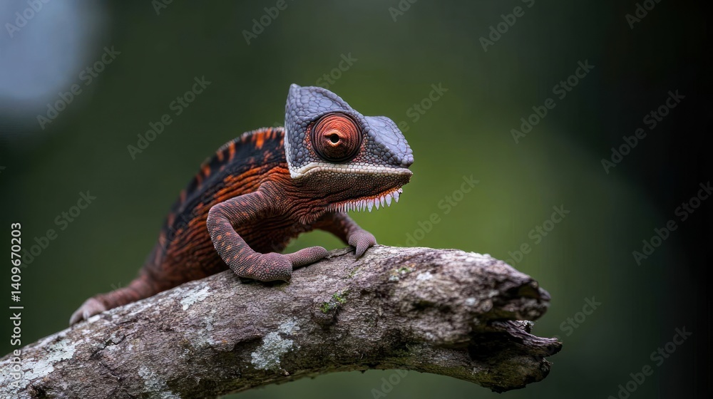 Aufkleber a side profile of panther chameleon with a black, orange and brown skin resting on a grey branch wit