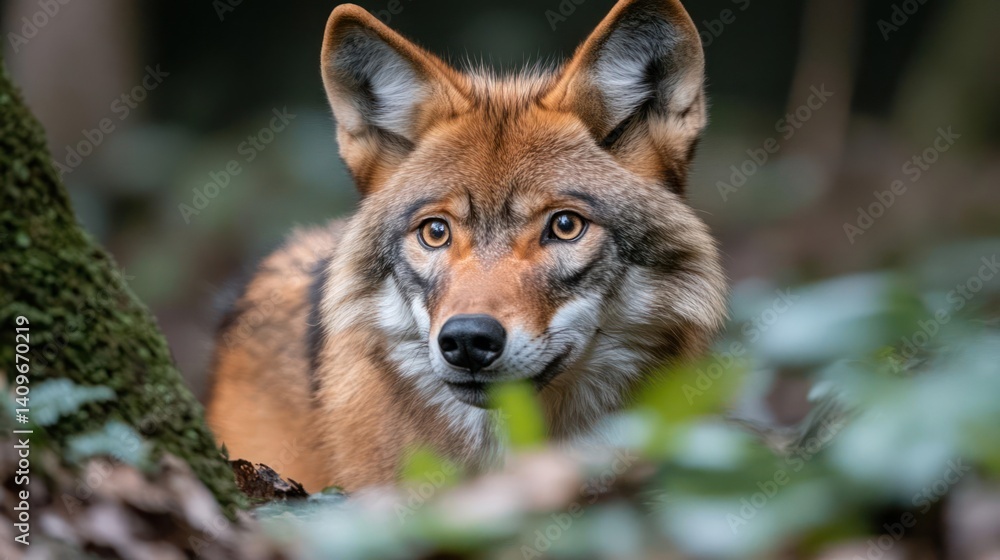 Poster captivating close-up of a red wolf with expressive eyes, framed by green foliage. the wolf's reddish