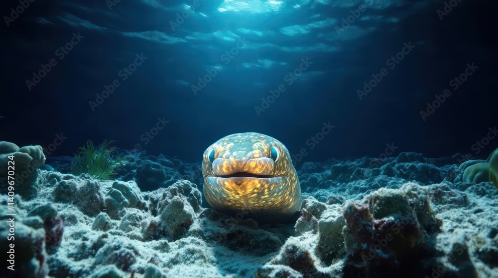 Poster a moray eel emerges from a coral reef, its yellow head and speckled pattern illuminated by sunlight 