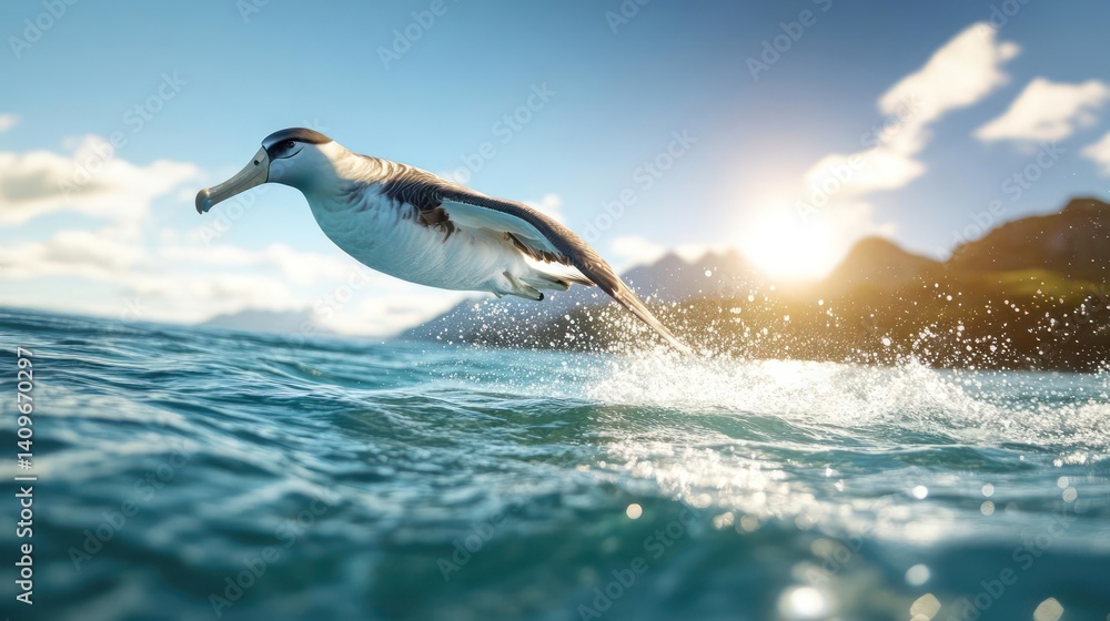 Poster this captivating image features an albatross in flight over the ocean, wings spread against the back