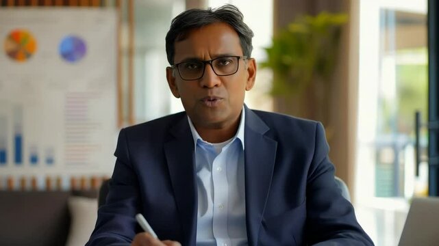 Senior business executive in navy suit sitting at desk with financial reports and analytical data visible in modern office setting.