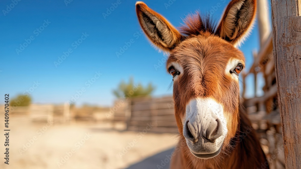Poster close up portrait of a brown donkey with long ears and a white muzzle standing near a wooden fence u