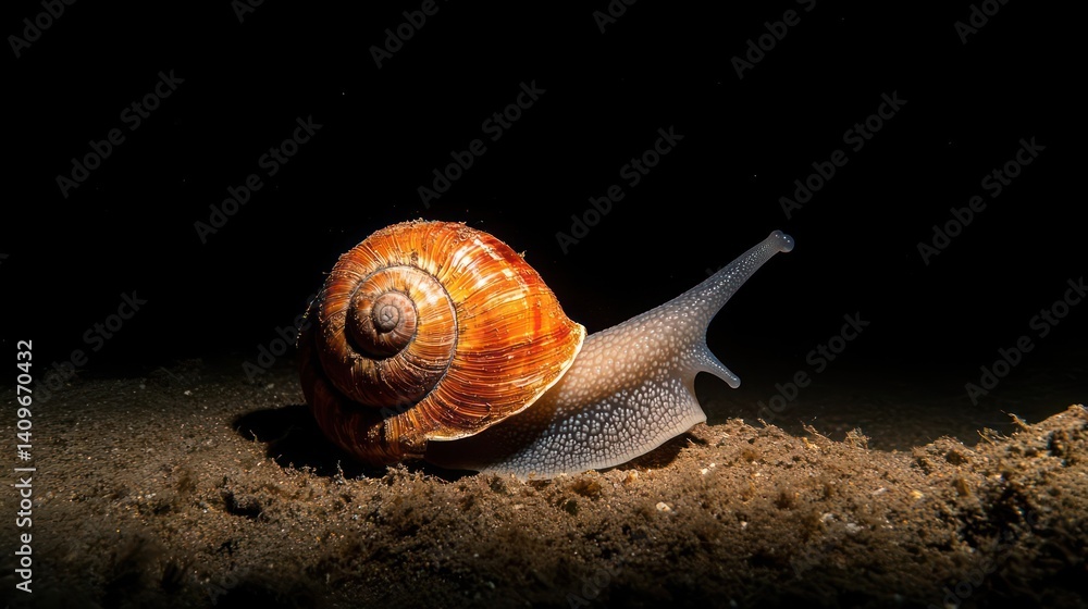 Aufkleber close up shot of a snail with an orange shell, resting on sandy soil. the texture is rough and natur