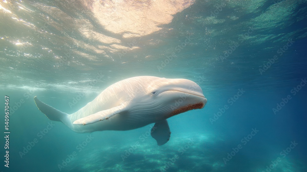 Poster a white beluga whale swimming underwater in a clear blue ocean with sunlight filtering through the s