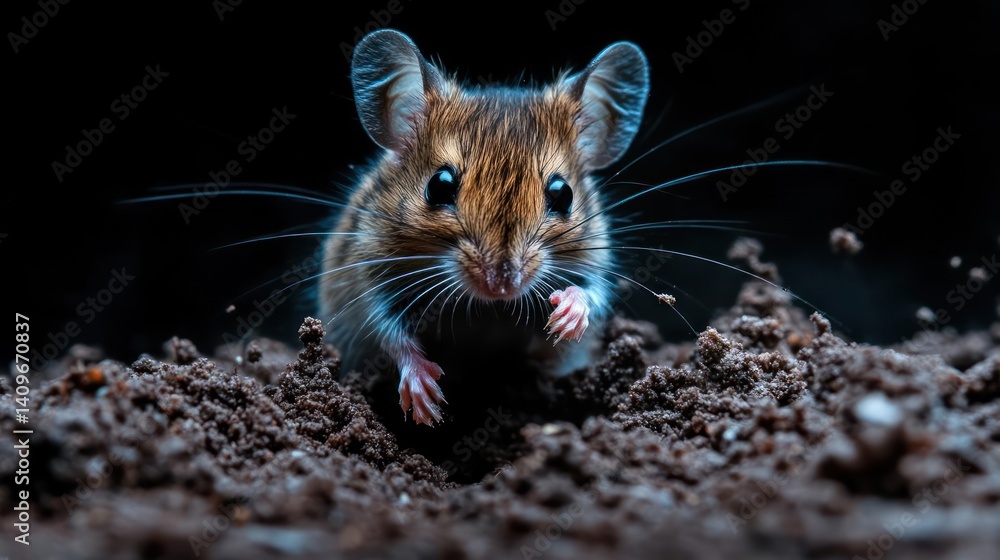 Poster a close-up of a brown and tan house mouse emerging from dark soil, highlighted by focused lighting a
