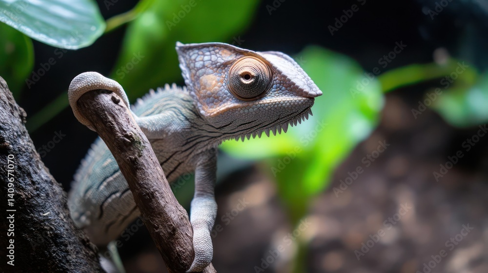 Poster close up of a chameleon on a tree branch. it features intricate skin patterns and colors. the chamel