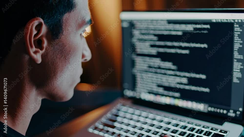 Aufkleber Dedicated programmer working intently on coding project, illuminated by laptop screen in dark room during late night hours