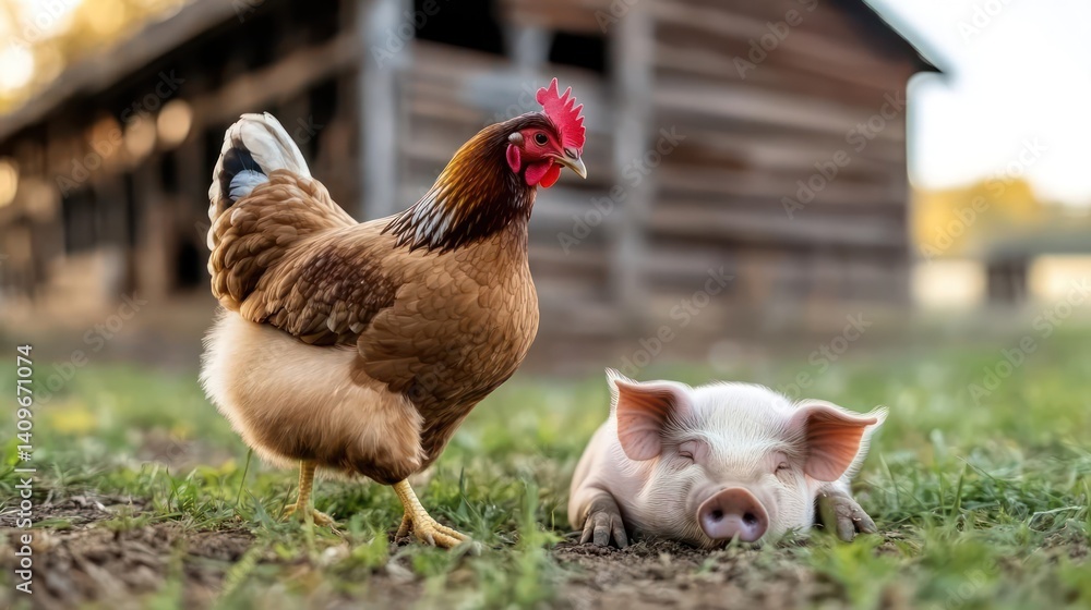 Aufkleber a close-up shot shows a brown chicken and a light pink piglet resting on green grass in front of a w