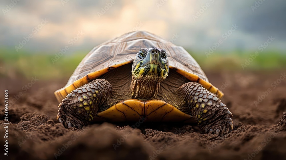 Poster portrait of a tortoise with a brown patterned shell standing on brown soil under a cloudy sky. the t