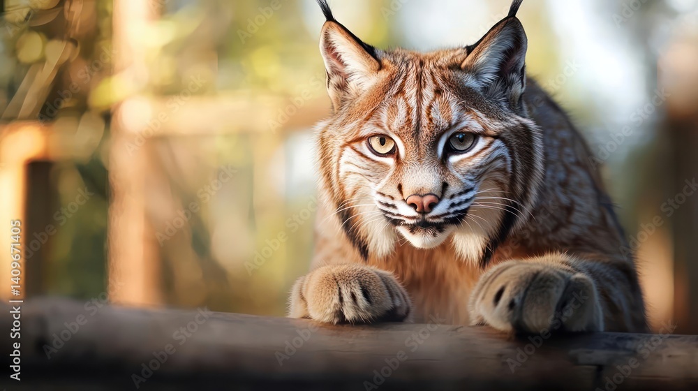 Poster close-up shot of a lynx with fluffy paws resting on a wooden beam, featuring detailed fur patterns a