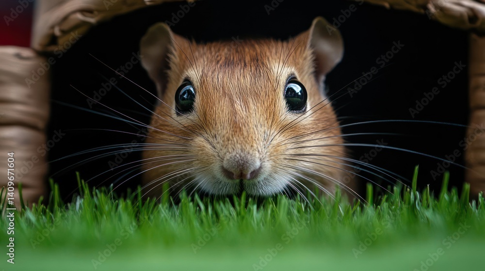 Poster Close up of a brown hamster with black eyes peering out from a woven basket house with artificial grass. Captures the small rodent in sharp focus against a dark background