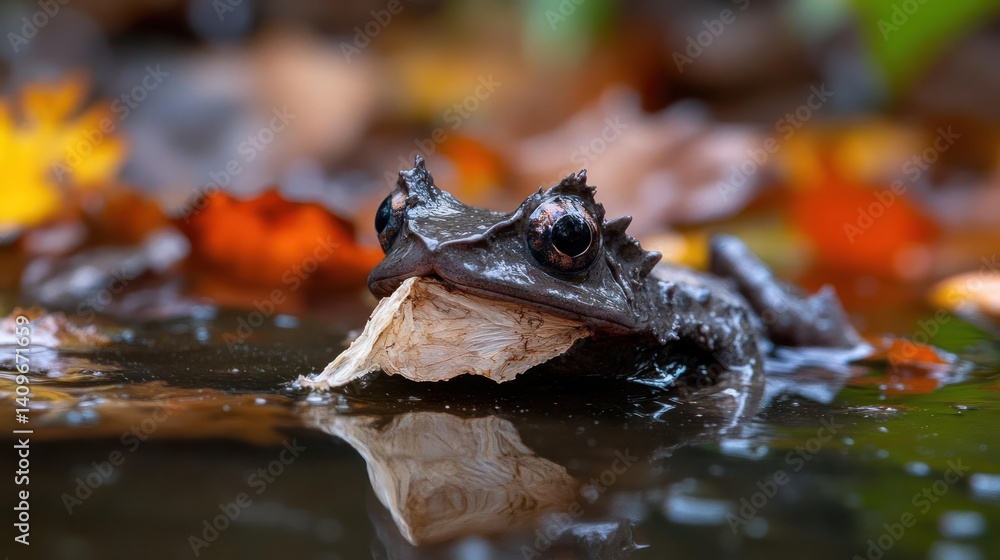 Poster Low-angle close-up shot captures a brown horned frog resting in a puddle, surrounded by colorful autumn leaves. The frog's reflection is visible in the water, with a shallow depth of field enhancing