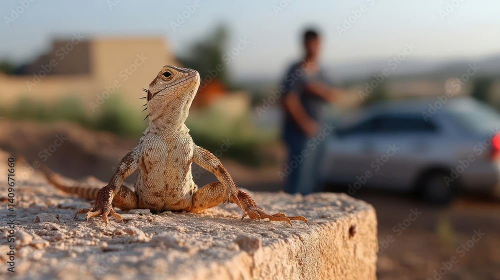 Aufkleber a close up shot of a brown lizard sitting on a concrete slab with a blurred human figure and vehicle