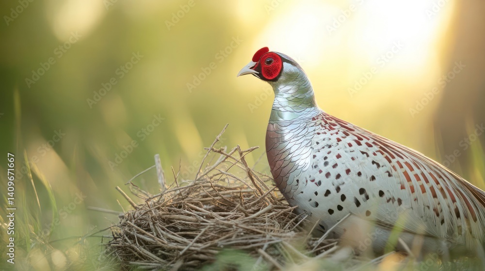 Poster A pheasant stands near a nest with blurred grass in the background. The pheasant has multicolored feathers and a red head. The lighting is warm and the focus is sharp on the bird