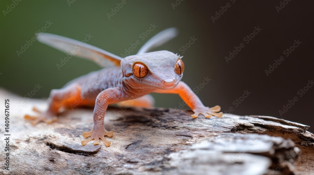 Poster a macro shot showcases a vibrant orange and gray gecko perched on a textured tree branch, with a blu