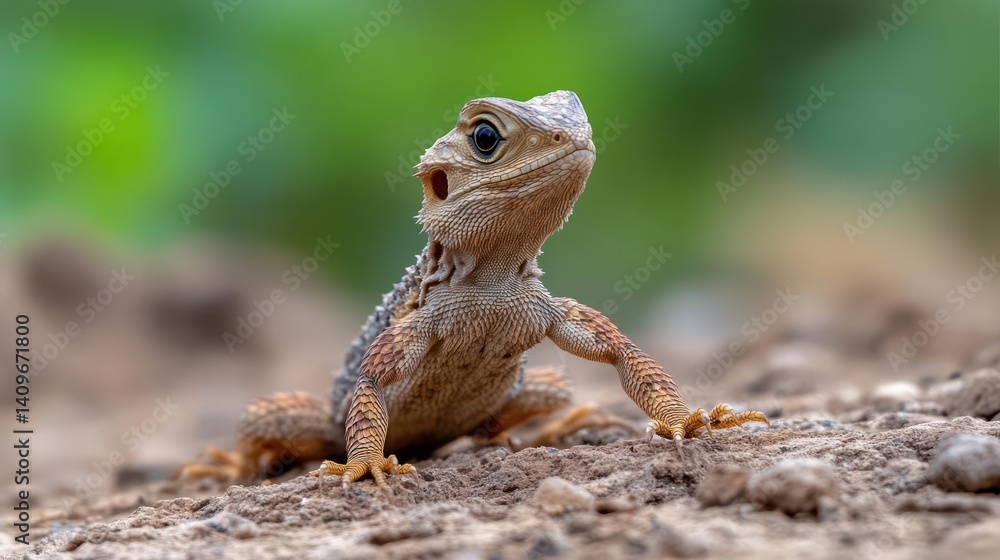 Poster close-up shot of a brown lizard with orange spots standing on soil, its head turned upwards. backgro