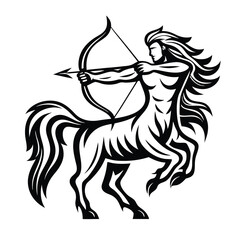 Monochrome Silhouette Centaur Archer Aiming Bow and Arrow, Mythological Creature Art