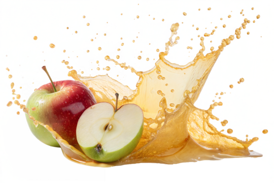 Juicy red and green apples with a dynamic splash of apple juice, creating a fresh and vibrant composition, isolated on white background