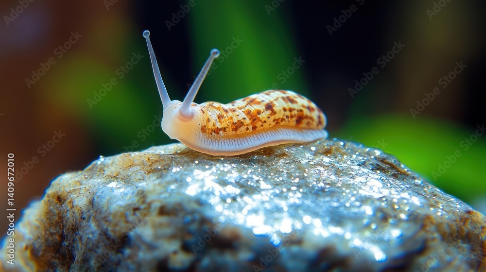 Poster Close-up shot of a small snail with a patterned shell resting on a sparkling rock. The background is blurred, with green foliage adding a natural touch. The macro view captures the details of the