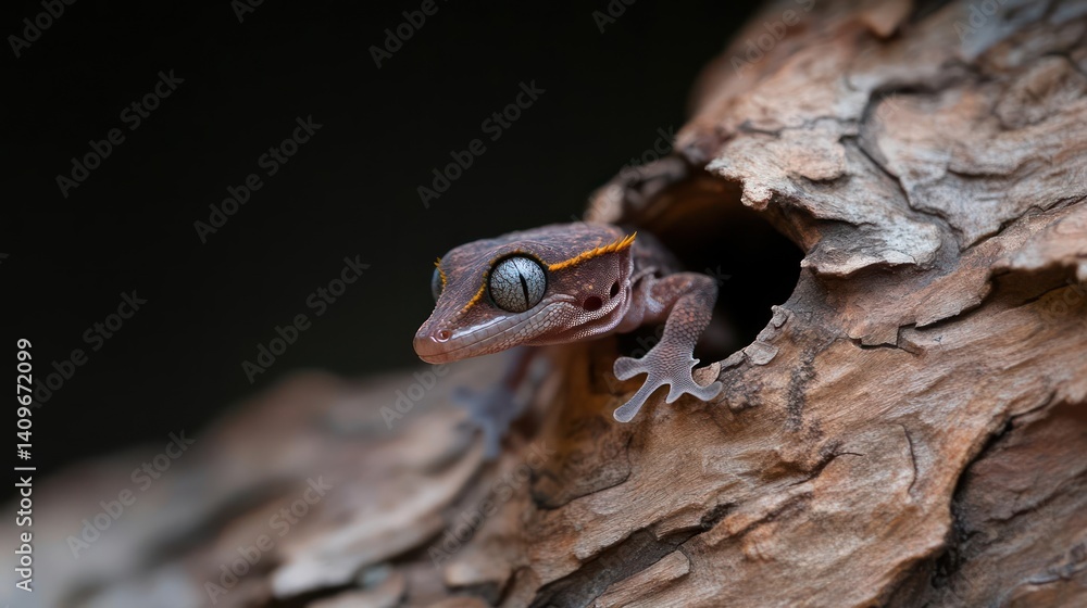 Poster a detailed close up shot captures a brown gecko emerging from a tree knot. the gecko features a dist