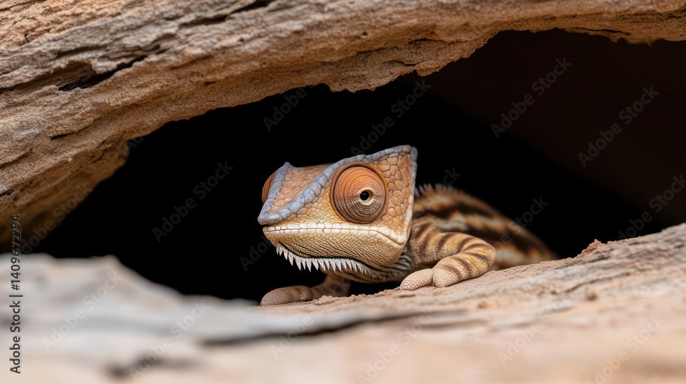 Poster a chameleon with brown and tan stripes peers out from the opening of a hollow log. the scene is illu